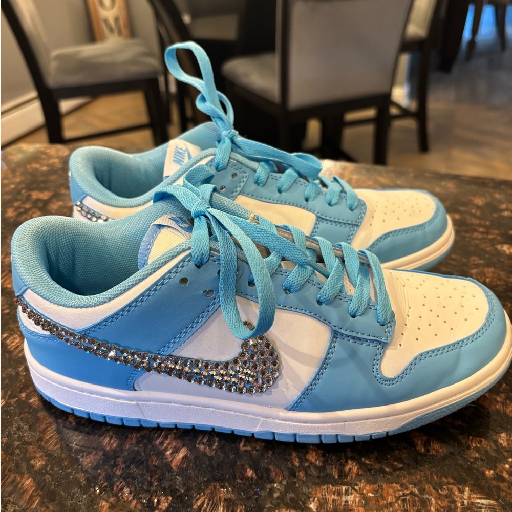 Nike Blue and White Sneakers with Rhinestone Swoosh